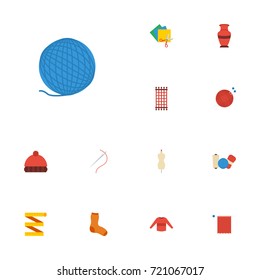 Flat Icons Skein, Meter, Dummy And Other Vector Elements. Set Of Handcraft Flat Icons Symbols Also Includes Mannequin, Needlework, Macrame Objects.
