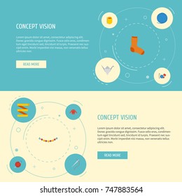Flat Icons Skein, Yarn, Copybook And Other Vector Elements. Set Of Handmade Flat Icons Symbols Also Includes Necklace, Ball, Jewelry Objects.