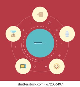Flat Icons Skillet, Breadboard, Pepperoni And Other Vector Elements. Set Of Kitchen Flat Icons Symbols Also Includes Pizza, Cutting, Scales Objects.