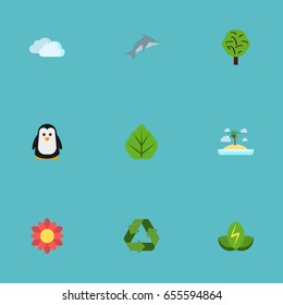 Flat Icons Sky, Foliage, Wood And Other Vector Elements. Set Of Eco Flat Icons Symbols Also Includes Bird, Recycle, Clouds Objects.