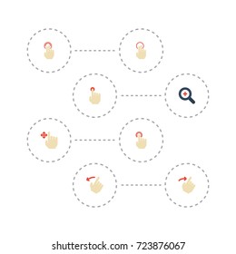 Flat Icons Slide, Magnifier, Gesture And Other Vector Elements. Set Of Gestures Flat Icons Symbols Also Includes Nudge, Press, In Objects.