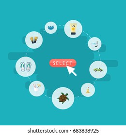 Flat Icons Slippers, Anti-Sun Cream, Car And Other Vector Elements. Set Of Season Flat Icons Symbols Also Includes Flip, Aqualung, Swimming Objects.