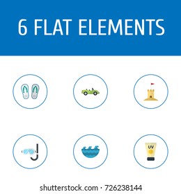 Flat Icons Slippers, Castle, Aqualung And Other Vector Elements. Set Of Beach Flat Icons Symbols Also Includes Waves, Cabriolet, Aqualung Objects.