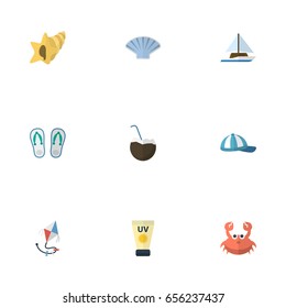 Flat Icons Slippers, Hat, Conch And Other Vector Elements. Set Of Summer Flat Icons Symbols Also Includes Sail, Sun, Slippers Objects.