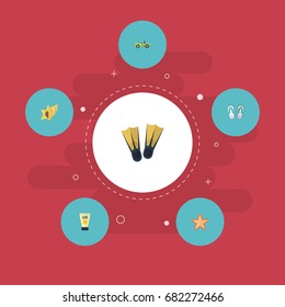 Flat Icons Slippers, Shell, Anti-Sun Cream And Other Vector Elements. Set Of Summer Flat Icons Symbols Also Includes Car, Shell, Sea Objects.