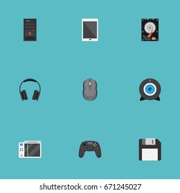 Flat Icons Slot Machine, Earphones, System Unit And Other Vector Elements. Set Of Laptop Flat Icons Symbols Also Includes Diskette, Earmuff, Web Objects.