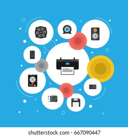 Flat Icons Slot Machine, Hard Disk, Printer And Other Vector Elements. Set Of Laptop Flat Icons Symbols Also Includes Camera, Play, Printer Objects.