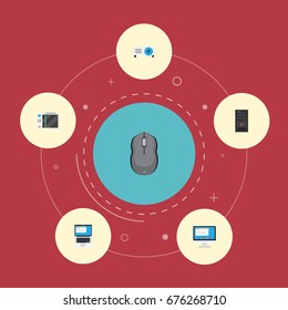 Flat Icons Slot Machine, Presentation, Display And Other Vector Elements. Set Of Computer Flat Icons Symbols Also Includes Play, Projector, Laptop Objects.