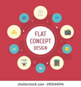 Flat Icons Small Change, Atm, Bar Diagram And Other Vector Elements. Set Of Banking Flat Icons Symbols Also Includes Payment, Machine, Bar Objects.