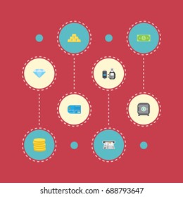 Flat Icons Small Change, Ingot, Teller Machine And Other Vector Elements. Set Of Finance Flat Icons Symbols Also Includes Dollar, Secure, Bank Objects.