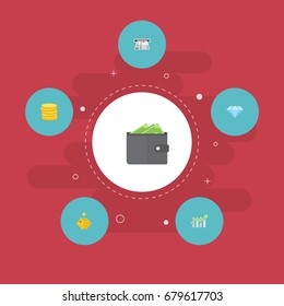 Flat Icons Small Change, Teller Machine, Bar Diagram And Other Vector Elements. Set Of Finance Flat Icons Symbols Also Includes Gem, Bank, Small Objects.