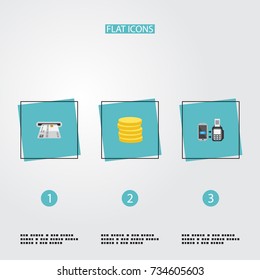 Flat Icons Small Change, Teller Machine, Remote Paying And Other Vector Elements. Set Of Banking Flat Icons Symbols Also Includes Remote, Change, Small Objects.