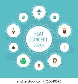 Flat Icons Snake, Hell, Huge Man And Other Vector Elements. Set Of Character Flat Icons Symbols Also Includes Goblin, Magician, Elf Objects.
