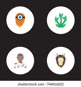 Flat Icons Snake, Monster, Lion And Other Vector Elements. Set Of Fantasy Flat Icons Symbols Also Includes Monster, Mythology, Cartoon Objects.