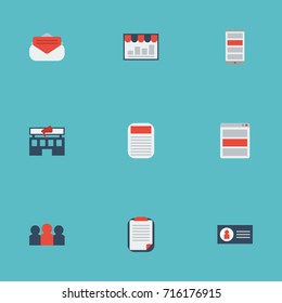 Flat Icons Social Media Ads, Auditorium, Id And Other Vector Elements. Set Of Advertising Flat Icons Symbols Also Includes Audience, Summary, Mobile Objects.