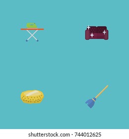 Flat Icons Sofa, Besom, Sponge And Other Vector Elements. Set Of Hygiene Flat Icons Symbols Also Includes Wisp, Bast, Sponge Objects.