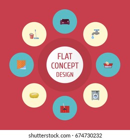 Flat Icons Sofa, Clothes Washing, Laundromat And Other Vector Elements. Set Of Hygiene Flat Icons Symbols Also Includes Hand, Vacuuming, Machine Objects.