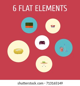 Flat Icons Sofa, Clothes Washing, Housekeeping And Other Vector Elements. Set Of Cleaning Flat Icons Symbols Also Includes Bast, Besom, Sponge Objects.