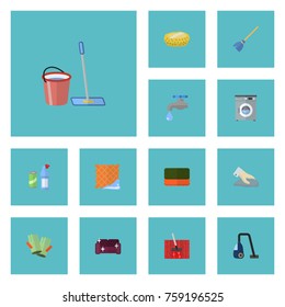 Flat Icons Sofa, Faucet, Sponge And Other Vector Elements. Set Of Cleaning Flat Icons Symbols Also Includes Washcloth, Faucet, Detergent Objects.