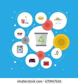 Flat Icons Sofa, Housekeeping, Garbage Container And Other Vector Elements. Set Of Cleaning Flat Icons Symbols Also Includes Machine, Junk, Furniture Objects.
