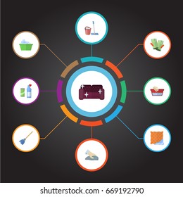 Flat Icons Sofa, Means For Cleaning, Gauntlet And Other Vector Elements. Set Of Hygiene Flat Icons Symbols Also Includes Bowl, Laundry, Means Objects.
