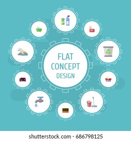 Flat Icons Sofa, Wisp, Faucet And Other Vector Elements. Set Of Cleaning Flat Icons Symbols Also Includes Bin, Foam, Mopping Objects.