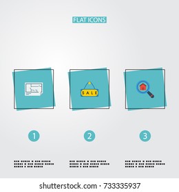 Flat Icons Sold, Blueprint, Magnifier And Other Vector Elements. Set Of Property Flat Icons Symbols Also Includes House, Sale, Discount Objects.