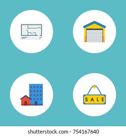 Flat Icons Sold, Buildings, Depot And Other Vector Elements. Set Of Realestate Flat Icons Symbols Also Includes Depot, Sale, Sign Objects.