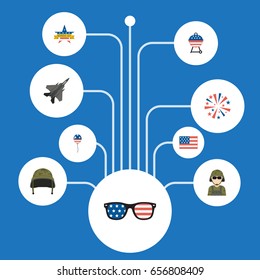 Flat Icons Soldier Helmet, Decoration, Spectacles And Other Vector Elements. Set Of Day Flat Icons Symbols Also Includes Mom, Sparklers, Banner Objects.