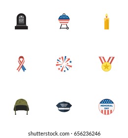 Flat Icons Soldier Helmet, Hat, Barbecue And Other Vector Elements. Set Of Memorial Flat Icons Symbols Also Includes Soldier, Helmet, Barbecue Objects.