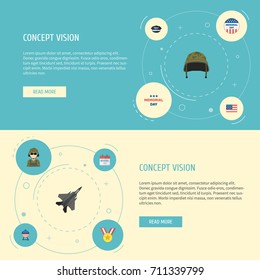 Flat Icons Soldier Helmet, Medallion, History And Other Vector Elements. Set Of History Flat Icons Symbols Also Includes Usa, Plane, Cap Objects.
