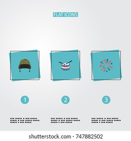 Flat Icons Soldier Helmet, Musical Instrument, Firecracker And Other Vector Elements. Set Of History Flat Icons Symbols Also Includes Instrument, Usa, Soldier Objects.