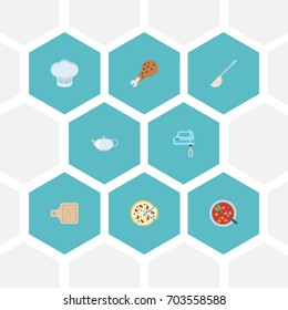 Flat Icons Soup Spoon, Broth, Pepperoni And Other Vector Elements. Set Of Cooking Flat Icons Symbols Also Includes Teapot, Ladle, Spoon Objects.