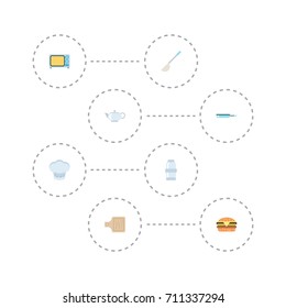 Flat Icons Soup Spoon, Electric Stove, Teapot And Other Vector Elements. Set Of Food Flat Icons Symbols Also Includes Board, Skillet, Frying Objects.