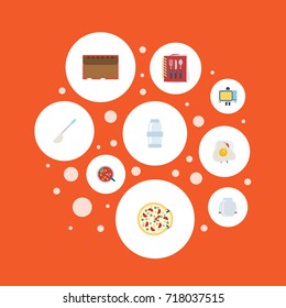 Flat Icons Soup Spoon, Electric Stove, Broth And Other Vector Elements. Set Of Gastronomy Flat Icons Symbols Also Includes Microwave, Pepperoni, Container Objects.