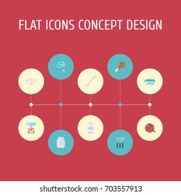 Flat Icons Soup Spoon, Kitchen Measurement, Silverware And Other Vector Elements. Set Of Cooking Flat Icons Symbols Also Includes Soup, Scales, Measurement Objects.