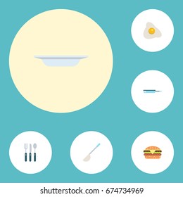 Flat Icons Soup Spoon, Skillet, Dish And Other Vector Elements. Set Of Cooking Flat Icons Symbols Also Includes Soup, Dish, Fried Objects.
