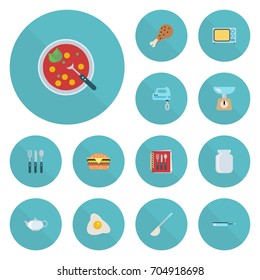 Flat Icons Soup Spoon, Teapot, Cooking Notebook And Other Vector Elements. Set Of Cooking Flat Icons Symbols Also Includes Broth, Pot, Teapot Objects.