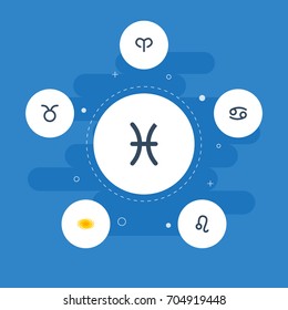 Flat Icons Space, Fishes, Bull And Other Vector Elements. Set Of Astronomy Flat Icons Symbols Also Includes Leo, Cancer, Zodiac Objects.