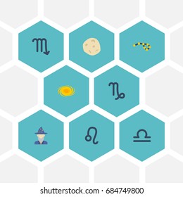 Flat Icons Space, Goat, Lion And Other Vector Elements. Set Of Astrology Flat Icons Symbols Also Includes Cosmos, Space, Comet Objects.