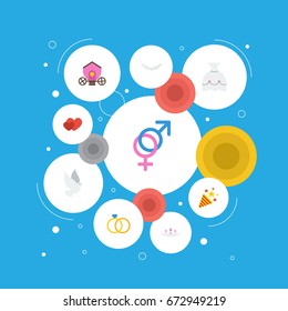 Flat Icons Sparkler, Engagement, Chariot And Other Vector Elements. Set Of Marriage Flat Icons Symbols Also Includes Sparkle, Soul, Accessories Objects.