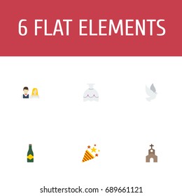 Flat Icons Sparkler, Fizz, Building And Other Vector Elements. Set Of Marriage Flat Icons Symbols Also Includes Champagne, Couple, Dove Objects.