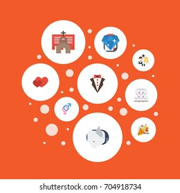 Flat Icons Sparkler, Love, Patisserie And Other Vector Elements. Set Of Ceremony Flat Icons Symbols Also Includes Dove, Sign, Soul Objects.