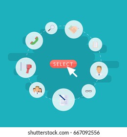 Flat Icons Spectacles, Employee, Magnifier And Other Vector Elements. Set Of Job Flat Icons Symbols Also Includes Group, Handset, Unity Objects.