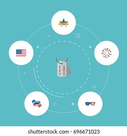 Flat Icons Spectacles, Firecracker, American Banner And Other Vector Elements. Set Of Day Flat Icons Symbols  