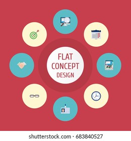 Flat Icons Spectacles, Handshake, Diagram Vector Elements. Set Of Job Flat Icons Symbols Also Includes Eyeglasses, Search, Statistics Objects.