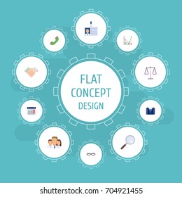 Flat Icons Spectacles, Id Card, Group And Other Vector Elements. Set Of Business Flat Icons Symbols Also Includes Unity, Handset, Chart Objects.