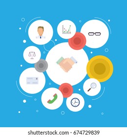 Flat Icons Spectacles, Magnifier, Clock And Other Vector Elements. Set Of Trade Flat Icons Symbols Also Includes Clock, Loupe, Employee Objects.