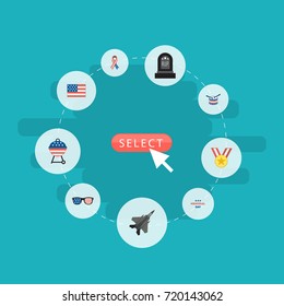 Flat Icons Spectacles, Medallion, American Banner And Other Vector Elements. Set Of Day Flat Icons Symbols Also Includes Award, Day, Medallion Objects.