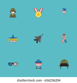 Flat Icons Spectacles, Medallion, Decoration And Other Vector Elements. Set Of Memorial Flat Icons Symbols Also Includes American, Ribbon, Man Objects.